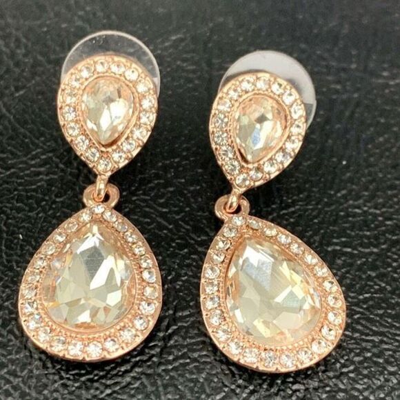 Jeweled Rose Gold Teardrop Earrings with Pavé Crystals - Picture 1 of 6